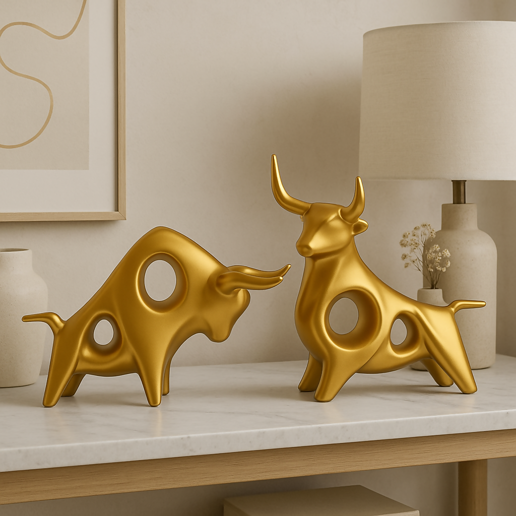 HOME DECOR Modern Golden Bull Figurine Set – Abstract Resin Sculpture (Set of 2)