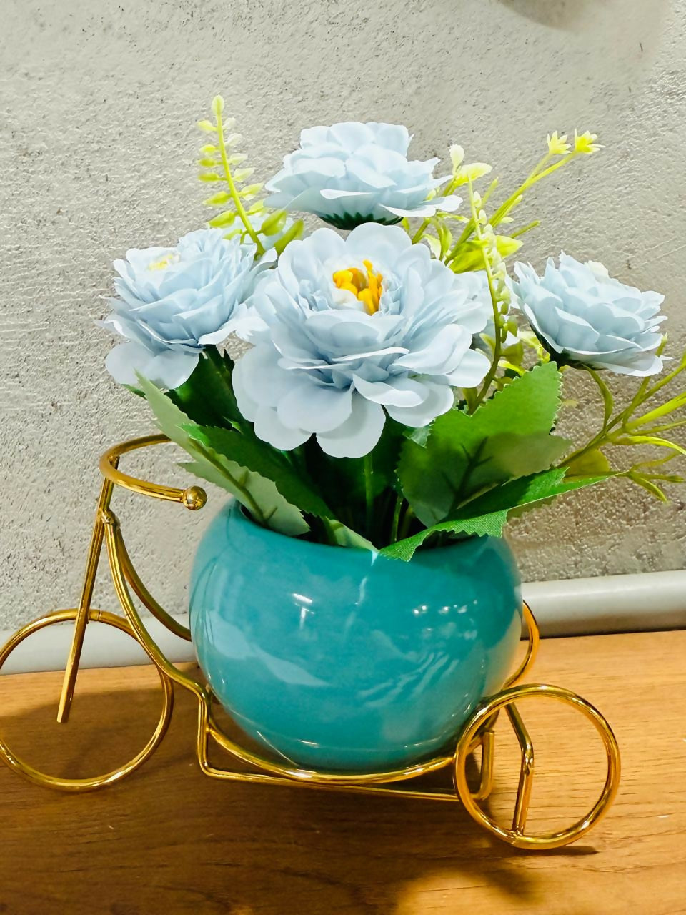 Artificial Blue Rose Flower Arrangement in Glossy Teal Ceramic Pot with Golden Bicycle Stand – Elegant Decorative Table Centerpiece for Home, Office, and Gifting