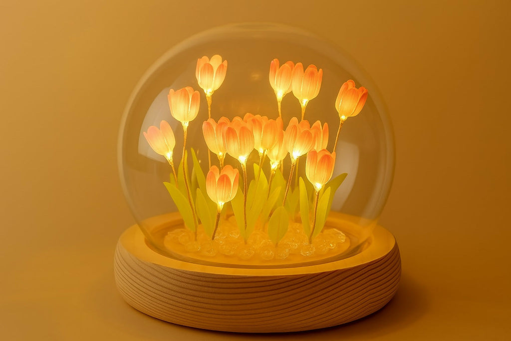 LED Peach Orange Tulip Flower Light Dome with Glass Cover and Wooden Base – Soft Glow Decorative Floral Table Lamp for Bedroom, Living Room, Gift, Night Light Ambience