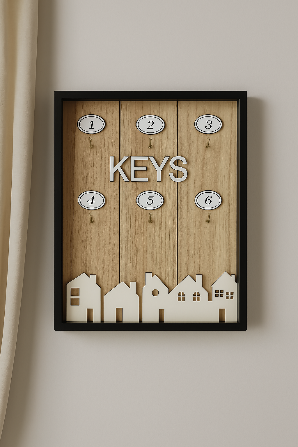 Wooden Key Holder Frame with 6 Numbered Hooks and House Silhouette Cutout – Rustic Home Decor Organizer for Entryway, Hallway, or Office – Modern Farmhouse Key Rack with Black Border Frame