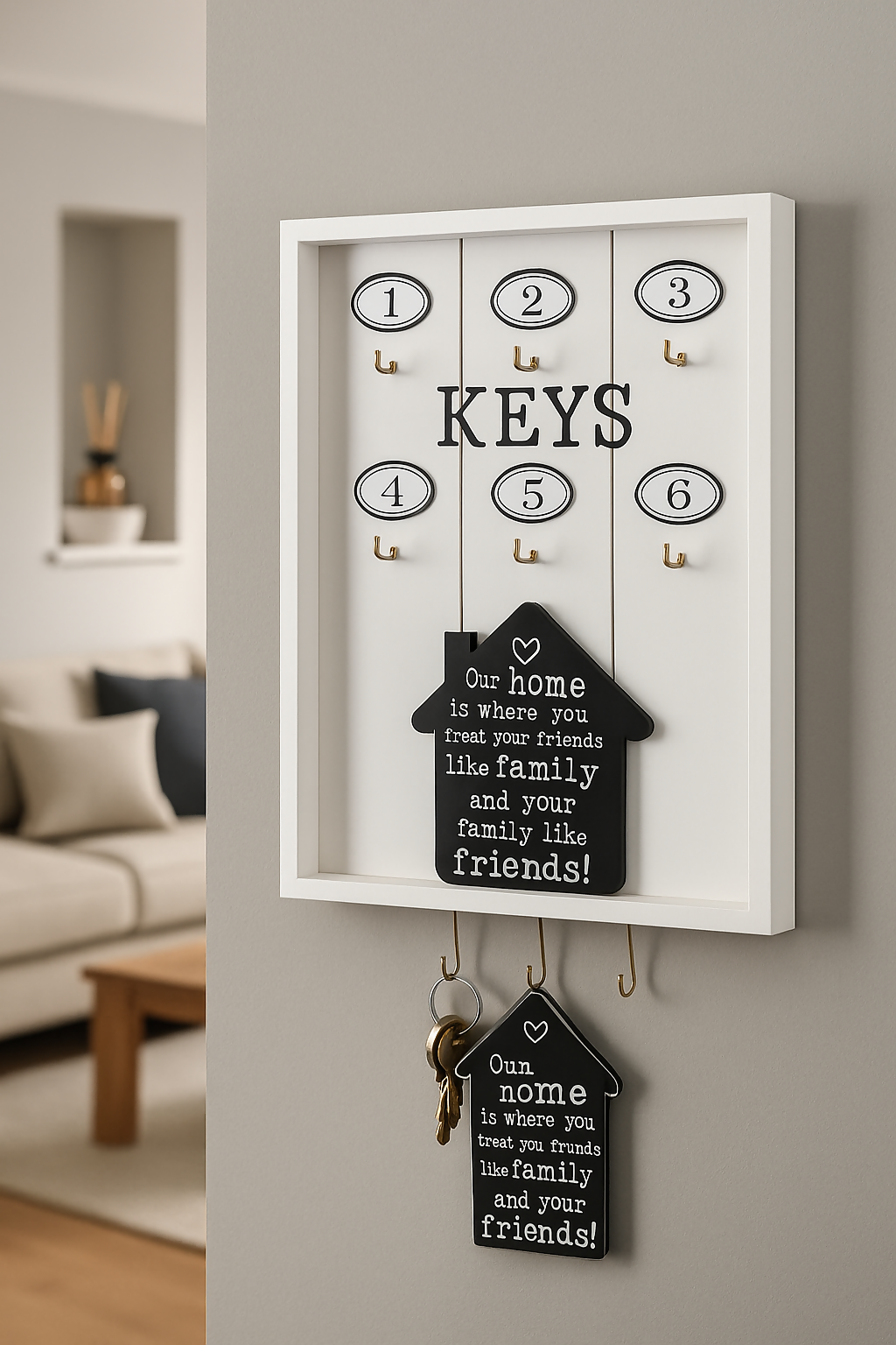 Wooden Key Holder keystand Frame with 6 Numbered Hooks and Inspirational Quote – Decorative Entryway Organizer for Keys, Family Message Board, and Home Wall Décor