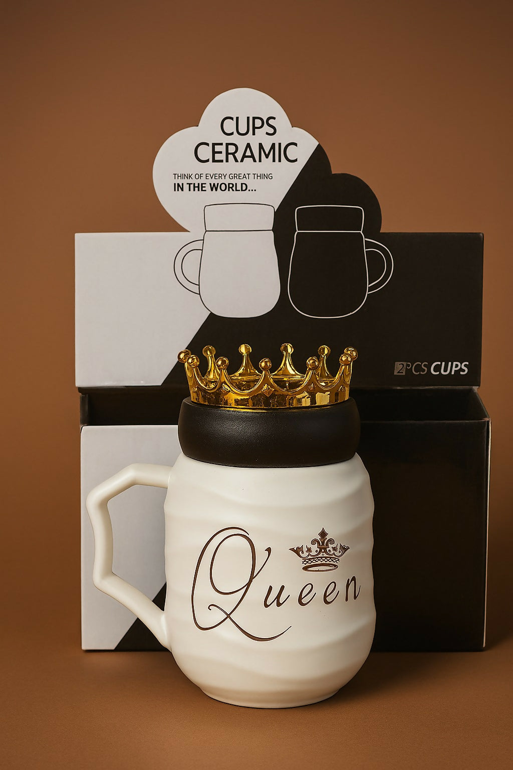 Royal Ceramic Couple Mug Gift Set – King and Queen Crown Design Mugs with 3D Gold Lid, Unique Textured Finish, Perfect Gift for Couples & Special Occasions (2Pcs)