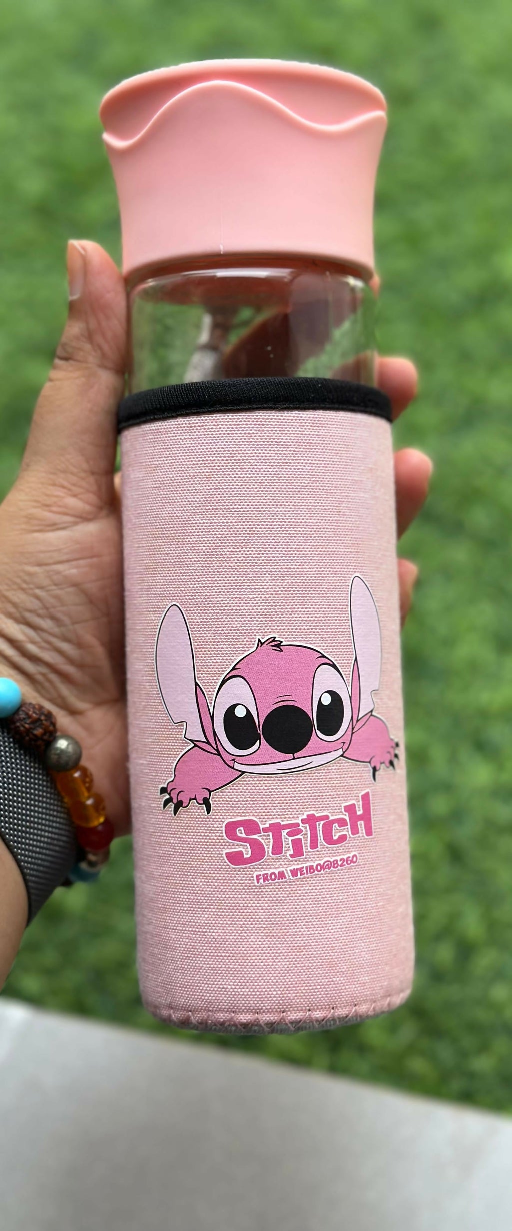 Cute Pink Cartoon Character Glass Water Bottle with Protective Sleeve – Leakproof 500ml Portable Bottle with Strap for Kids, Girls, School, Office, Travel & Outdoor Use