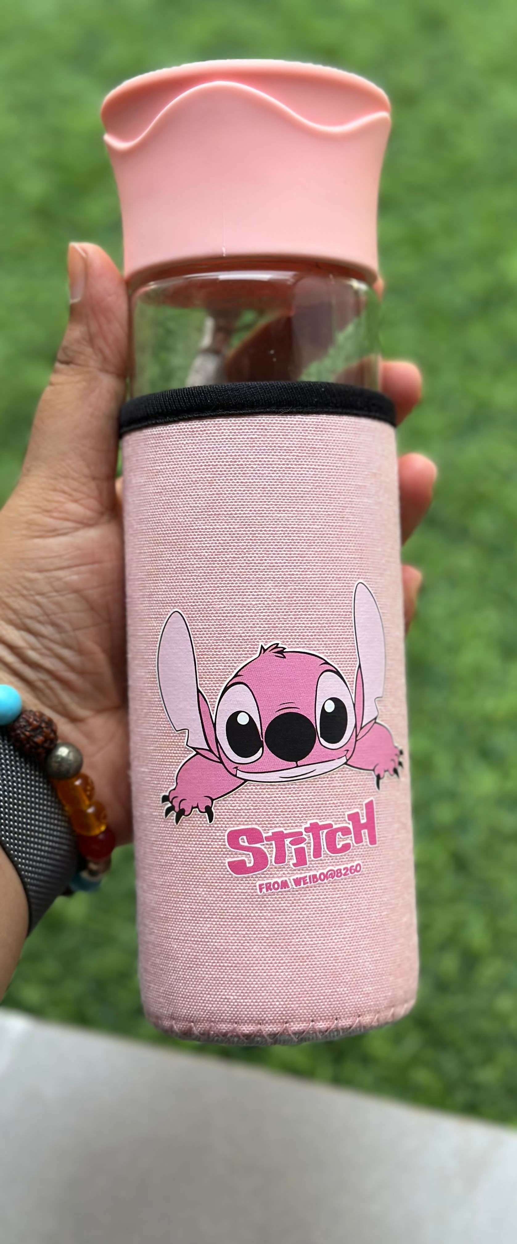 Cute Pink Cartoon Character Glass Water Bottle with Protective Sleeve – Leakproof 500ml Portable Bottle with Strap for Kids, Girls, School, Office, Travel & Outdoor Use