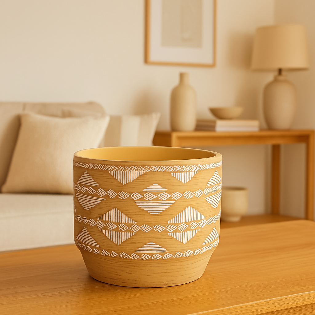 Handcrafted Beige Ceramic Planter Pot with White Tribal Etched Design – Decorative Indoor Pot for Living Room, Office, or Shelf Display – Rustic Boho Aesthetic – 6-Inch Round Plant Container