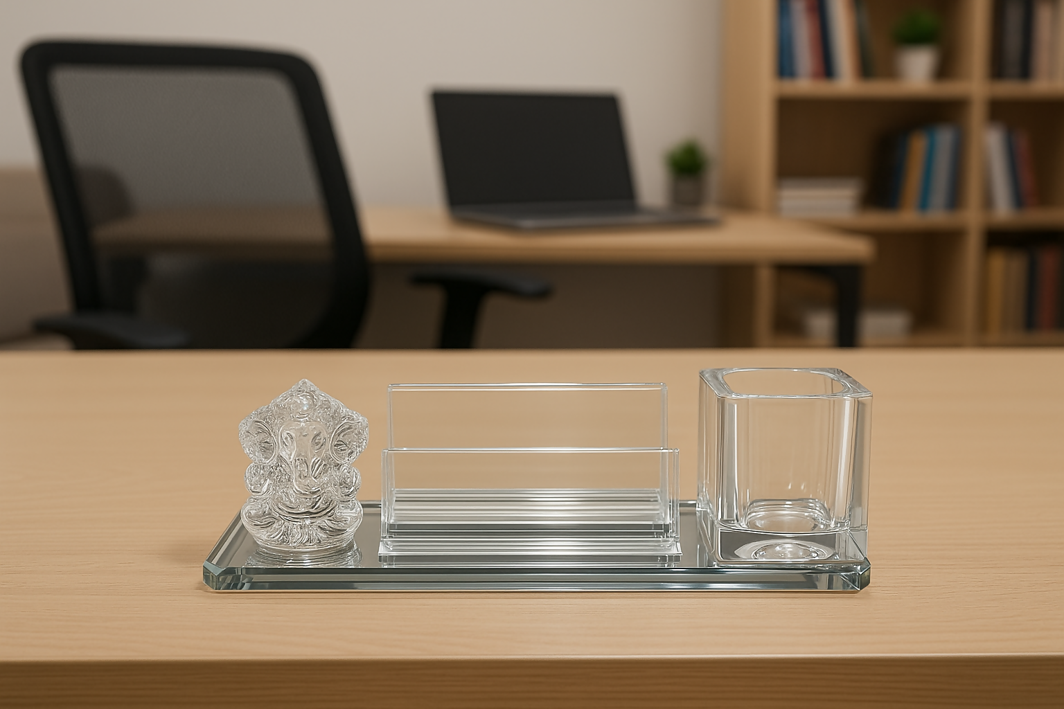 Elegant Glass Desktop Organizer Set with Ganesh Idol | 3-in-1 Office Table Decor with Pen Holder, Card Holder & Religious Showpiece – Ideal for Corporate Gifting & Home Decor