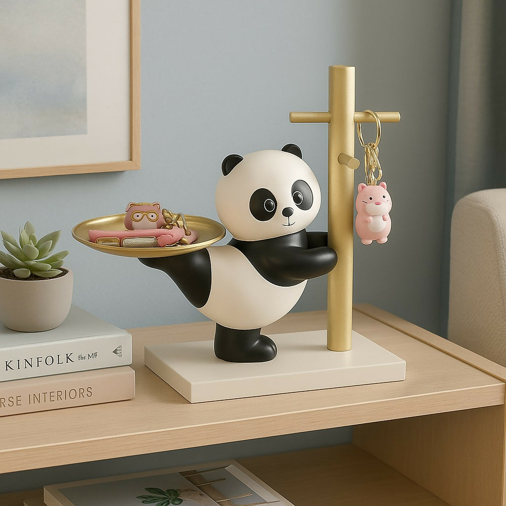 HOME DECOR Cute Panda Key Holder with Multipurpose Tray | Resin Panda Figurine Organizer for Keys, Coins, Lipstick & Accessories | Decorative Entryway Desk & Dresser Organizer for Home & Office