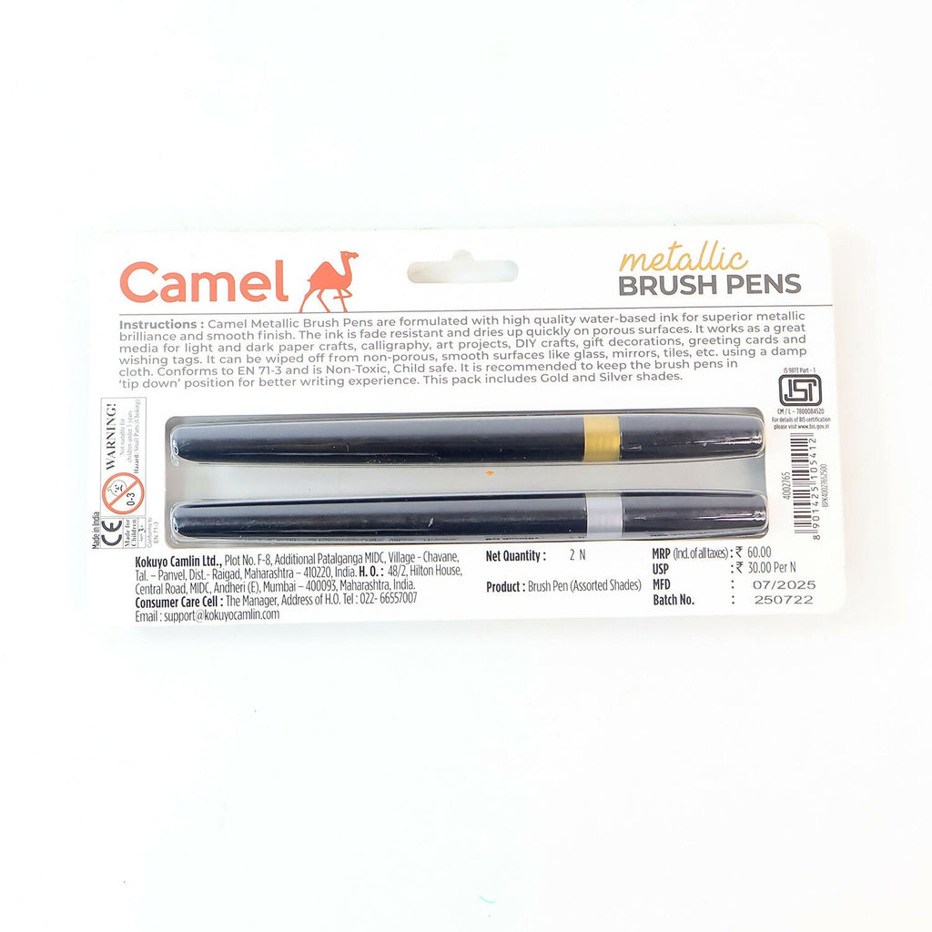 Camel Metallic Brush Pens 2 Shades Gold and Silver Shades for Calligraphy and Art