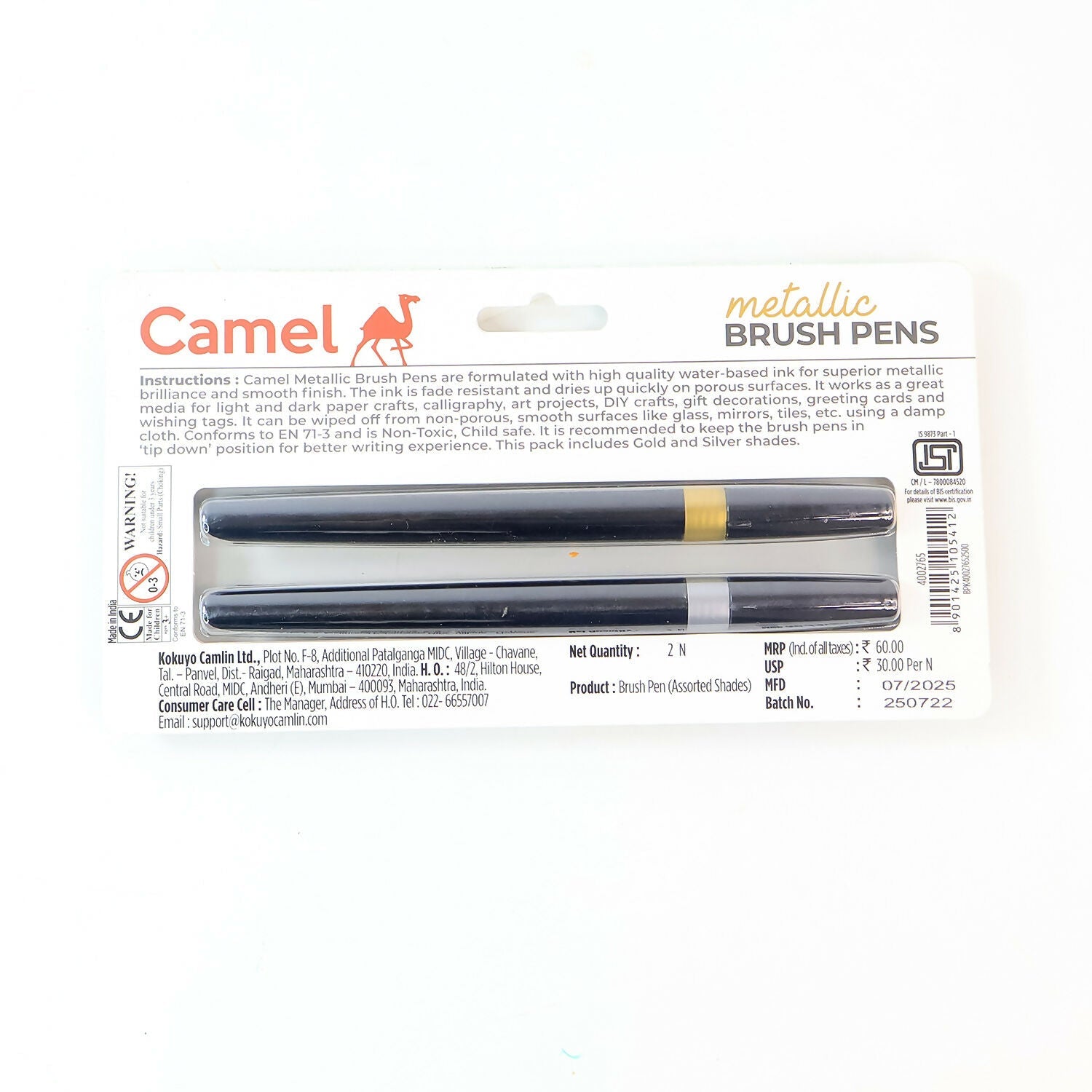 Camel Metallic Brush Pens 2 Shades Gold and Silver Shades for Calligraphy and Art