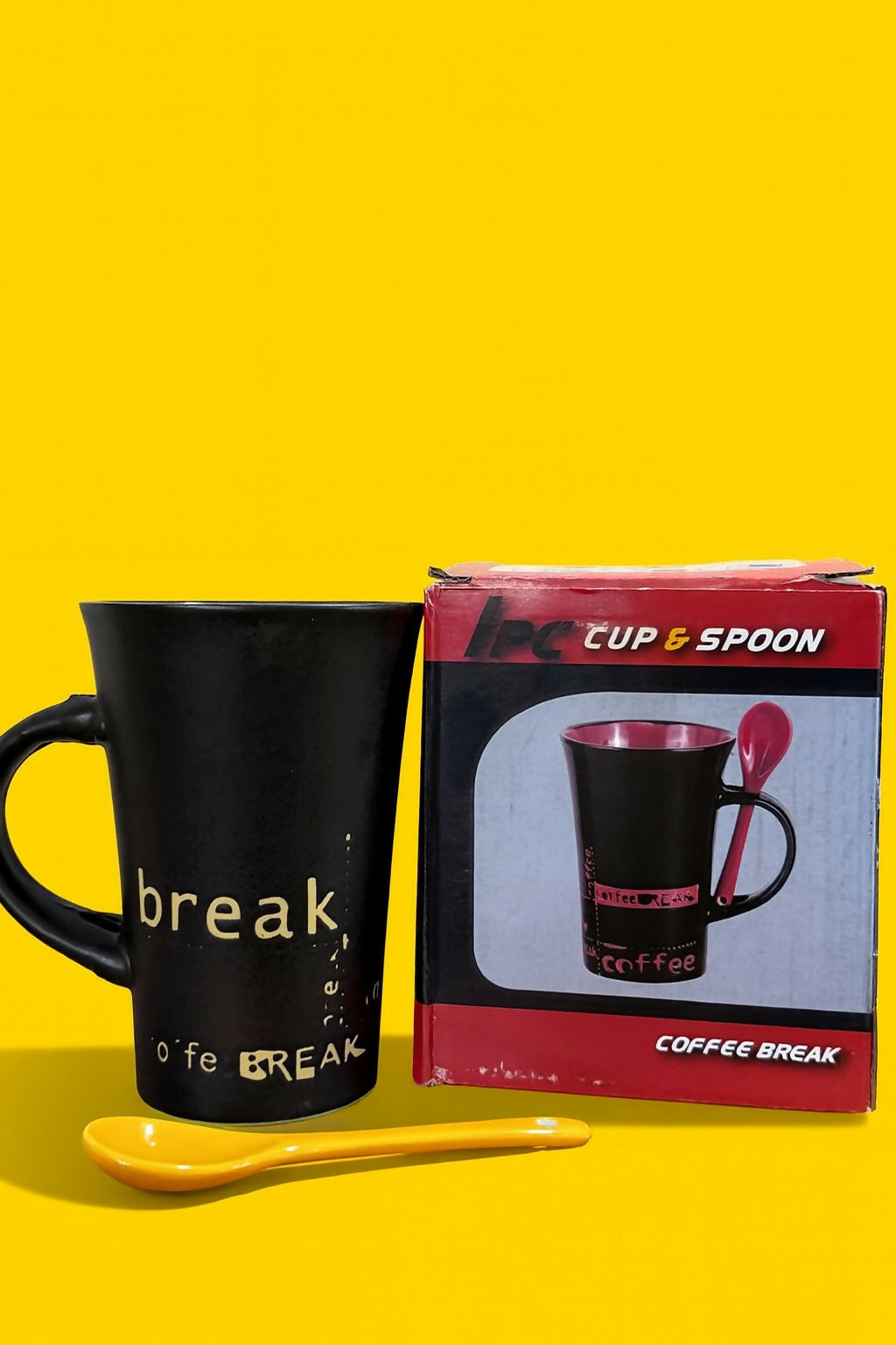 Black Ceramic Coffee Mug with Yellow Spoon – Stylish Coffee Break Printed Tea & Coffee Cup with Handle Slot Spoon | Microwave & Dishwasher Safe Mug for Home, Office & Gifting