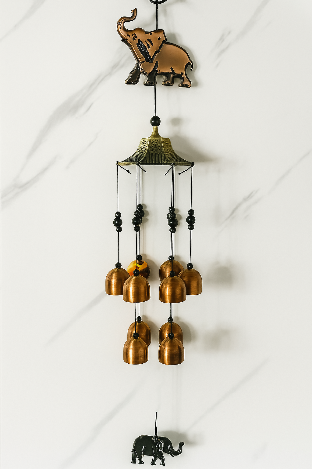 Vintage Elephant Design Brass Bell Wind Chime for Home Décor – 9 Hanging Bells with Dome Top, Lucky Elephant Charms & Soothing Tones – Perfect for Balcony, Garden, Living Room, or Vastu & Feng Shui Gift