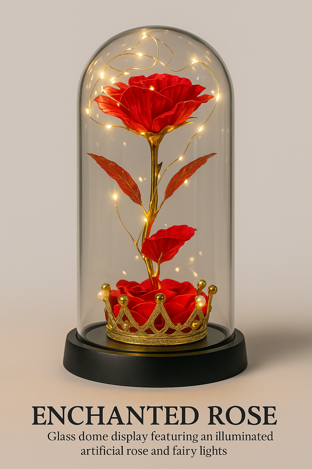 Luxury Enchanted Preserved Red Rose with Golden Crown Base and LED String Lights in Glass Dome – Romantic Gift for Anniversary, Valentine's Day, Birthday, or Home Decor Display