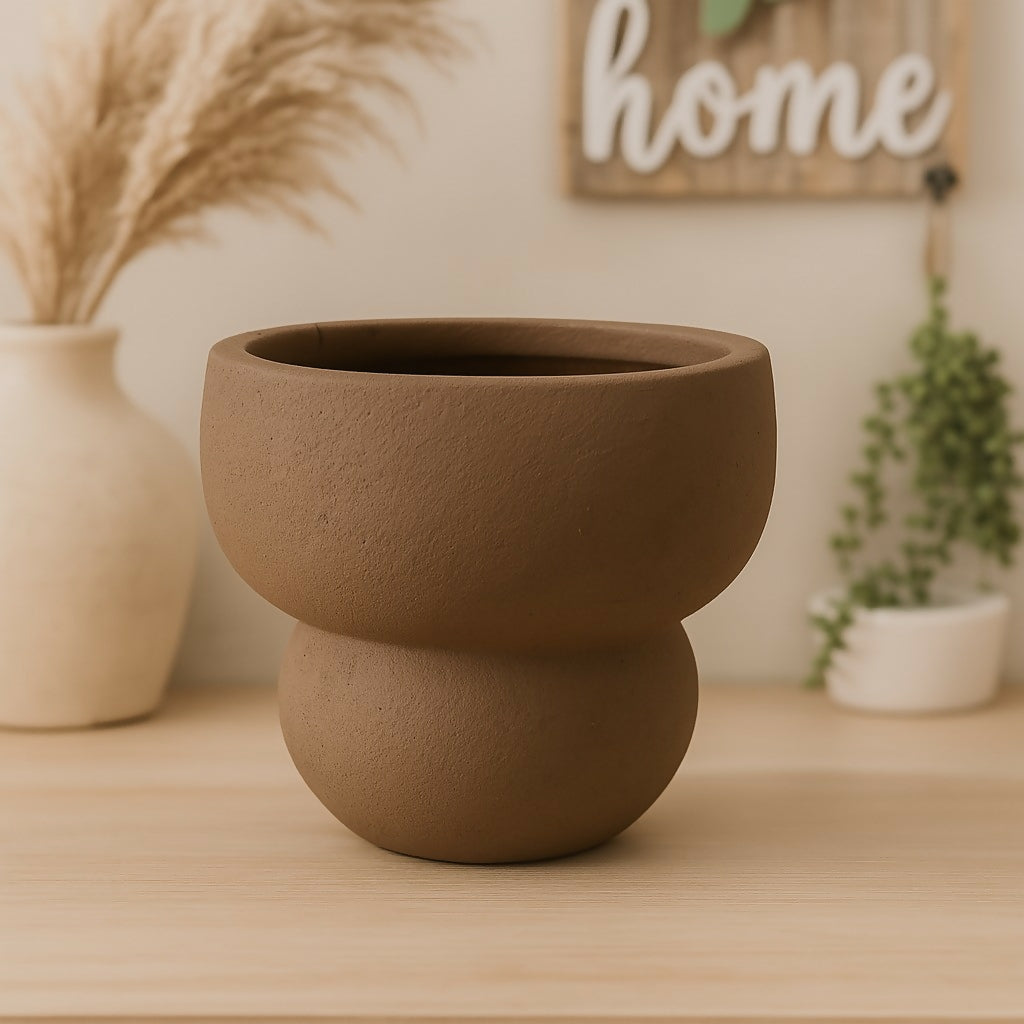 Modern Sculpted Brown Ceramic Planter Pot – Textured Matte Finish Decorative Flower Pot for Indoor Use – Unique Round Double-Sphere Design – Succulent & Tabletop Planter