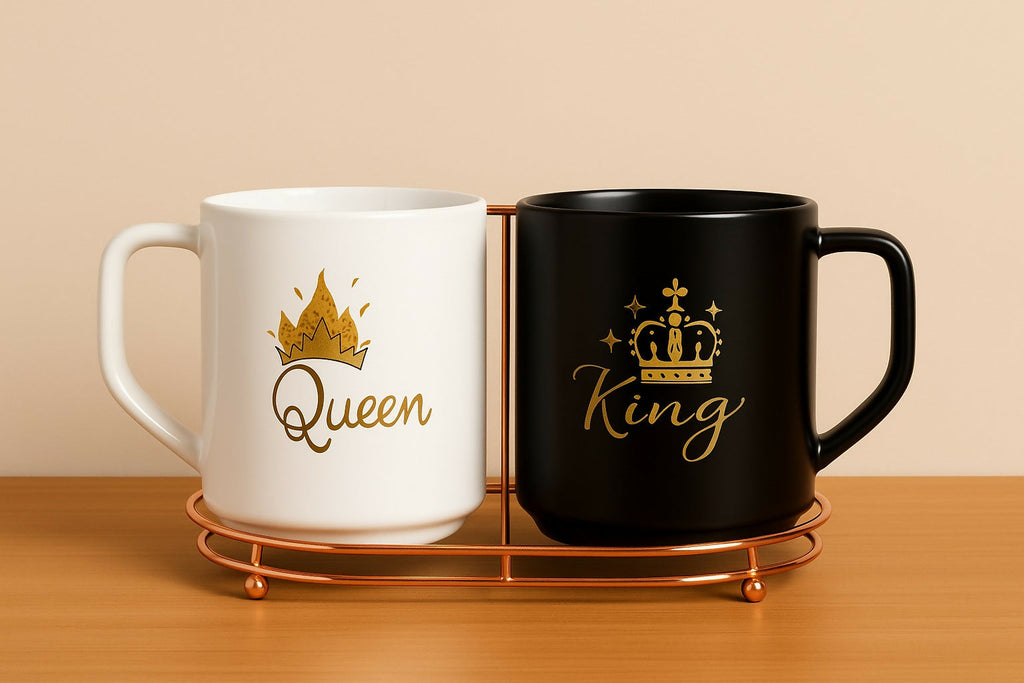 King and Queen Ceramic Mug Set with Golden Crown Print – Black & White Coffee Mugs with Copper Stand – Royal Couple Tea Cups for Wedding, Anniversary, Valentine’s Day, Gift for Him and Her