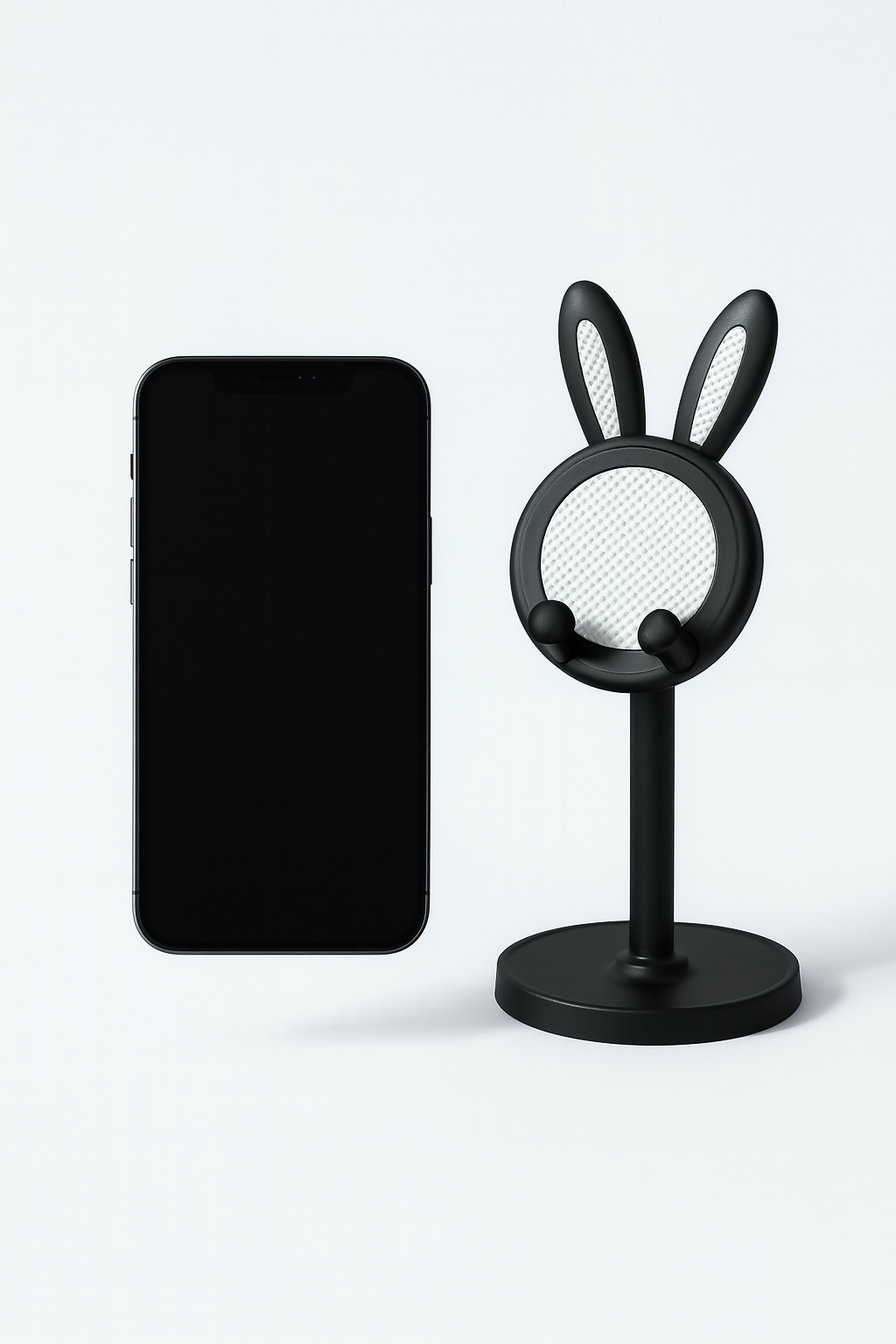 Cute Bunny Ear Mobile Phone Stand – Adjustable Desk Holder for Smartphones and Tablets – Black Minimalist Design for Office, Home, and Kids’ Study Table