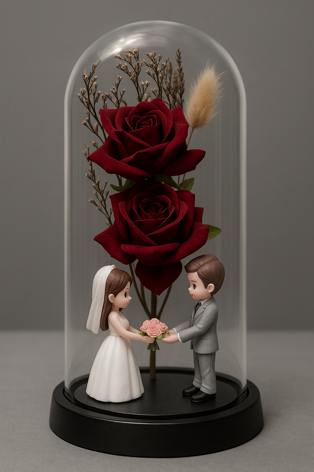 Glass Dome LED Rose Showpiece with Couple Figurine – Enchanted Forever Flower Light for Anniversary, Wedding, Valentine’s Day or Proposal Gift – Decorative Night Lamp with Red Roses and Fairy Lights