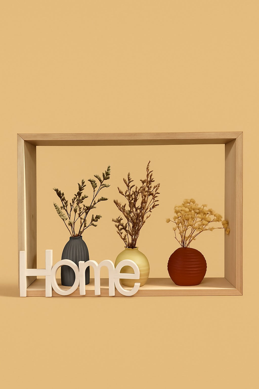 Minimalist Wooden Frame with “Home” Sign and Three Decorative Mini Vases with Dried Flowers – Rustic Modern Tabletop Décor for Living Room, Bedroom, and Office