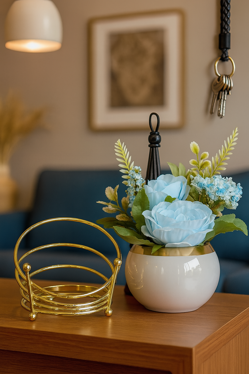 Luxury Artificial Blue Rose Flower Arrangement in White Globe Pot with Golden Metal Stand – Decorative Faux Floral Centerpiece for Home, Office, Tabletop & Gifting