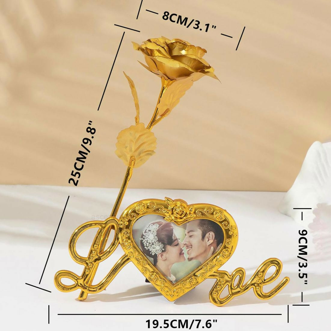 Romantic Golden Rose with Heart-Shaped Photo Frame – Decorative ‘Love’ Showpiece for Couples, Anniversary & Valentine Gifts – Elegant Metal Rose Figurine with Picture Holder for Home or Table Decor