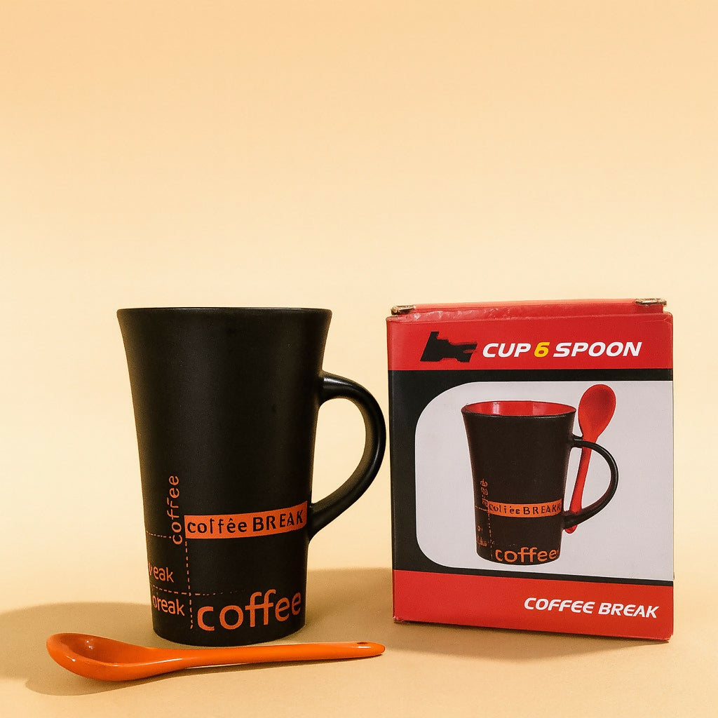 Black Ceramic Coffee Mug with Orange Spoon – Stylish Coffee Break Printed Tea & Coffee Cup with Handle Slot Spoon | Microwave & Dishwasher Safe Mug for Home, Office & Gifting