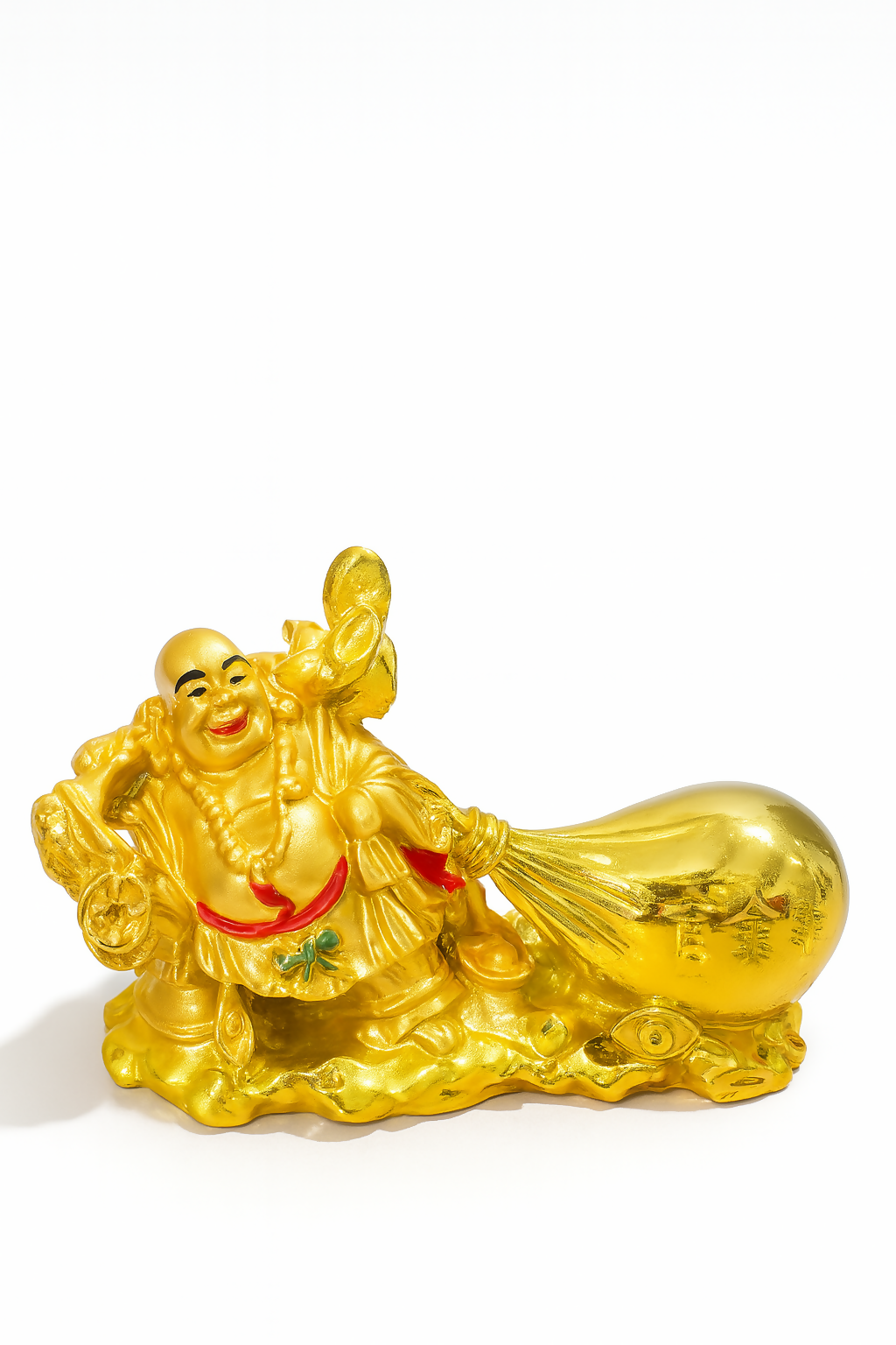 Golden Laughing Buddha Idol with Wealth Bag – Feng Shui Prosperity Statue for Home Decor, Office Desk, Temple & Gifting – Resin Fortune Laughing Buddha Showpiece