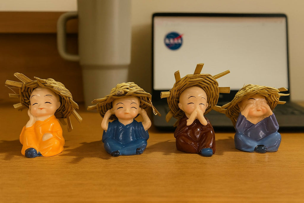 Set of 4 Cute Resin Monk Figurines with Straw Hats – Hear No Evil, See No Evil, Speak No Evil, Think No Evil – Decorative Showpieces for Home, Office, Car Dashboard, Gift & Feng Shui Décor