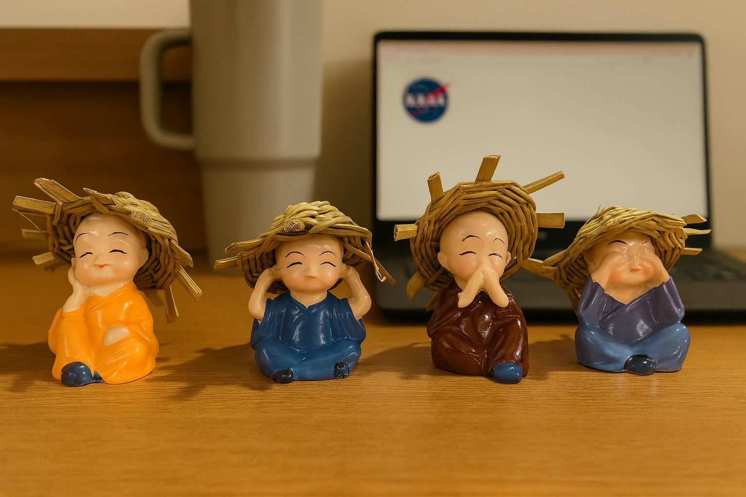 Set of 4 Cute Resin Monk Figurines with Straw Hats – Hear No Evil, See No Evil, Speak No Evil, Think No Evil – Decorative Showpieces for Home, Office, Car Dashboard, Gift & Feng Shui Décor