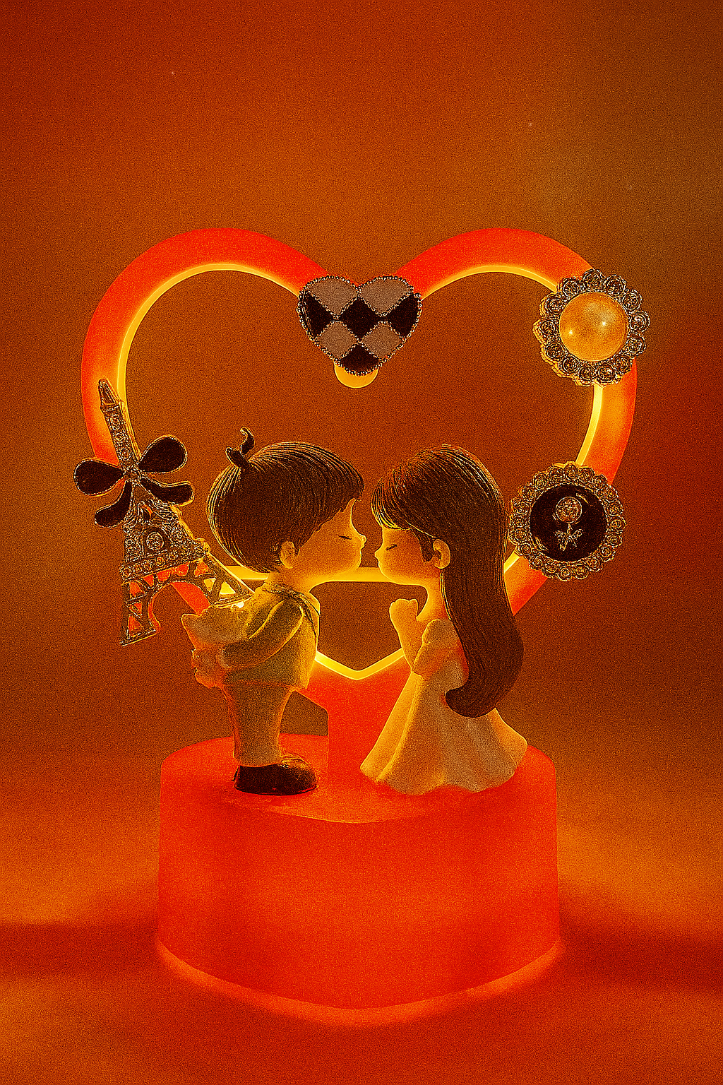 Romantic LED Couple Showpiece with Red Heart Frame and Crystal Charms | Wedding Anniversary Decorative Light | Battery-Operated Love Figurine for Home Decor & Gifting