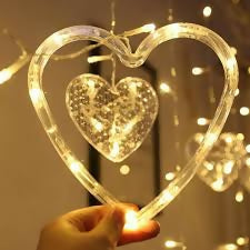 "Set of 3 LED Heart-Shaped Hanging Curtain String Lights – Warm White Decorative Lights for Romantic Room Décor, Window Display, Balcony, Wedding, Anniversary & Valentine’s Day – Battery Operated Festive Lighting"