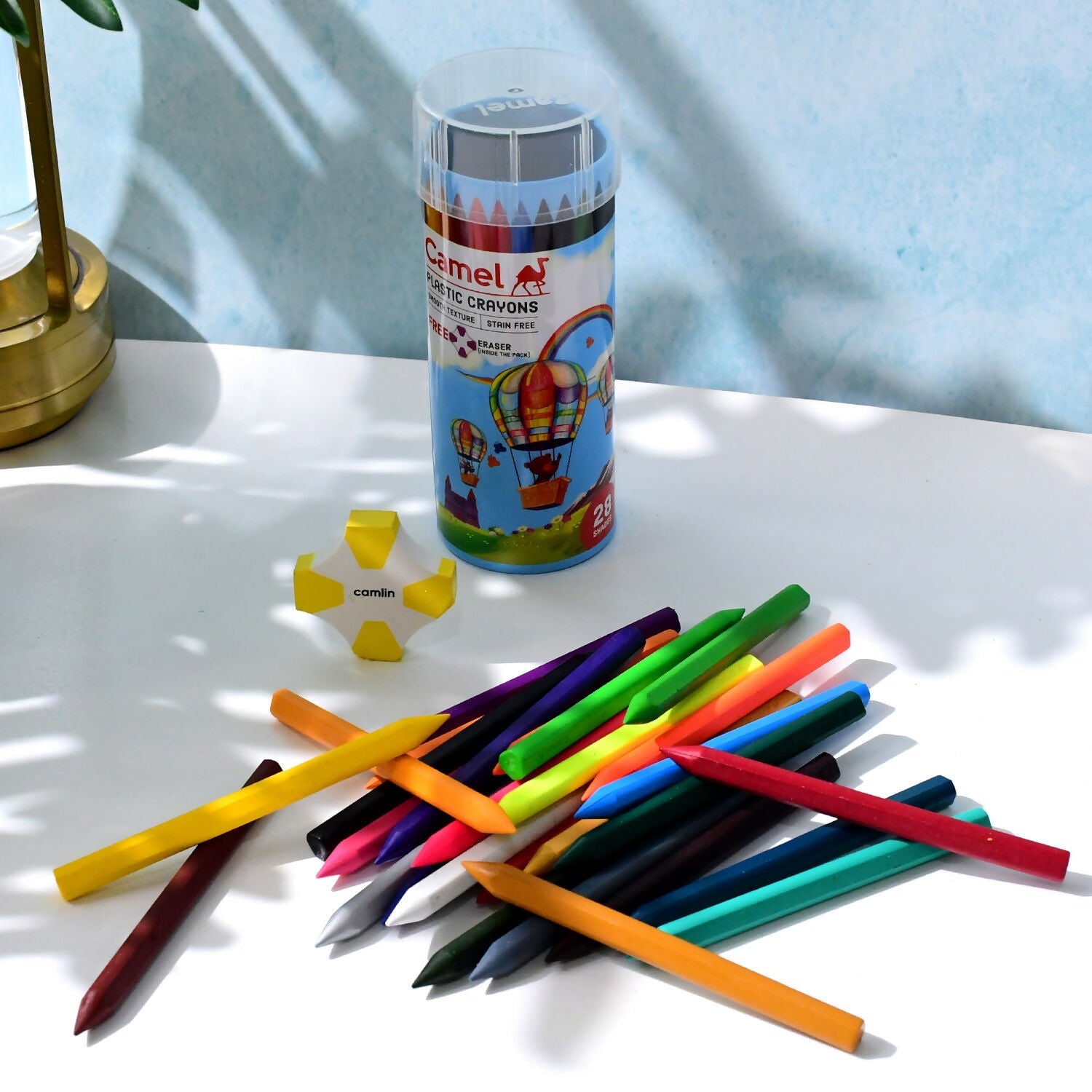 Camel Plastic Crayons 28 Assorted Shades with Free Eraser (Smooth & Stain-Free Colours)