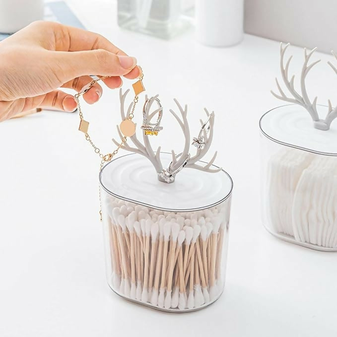 Clear Plastic Storage Jar with Decorative Antler Lid – Cute and Modern Countertop Container for Cotton Pads, Makeup Sponges, Jewelry, Snacks, or Bathroom Essentials – Stylish Home Organizer (Transparent)