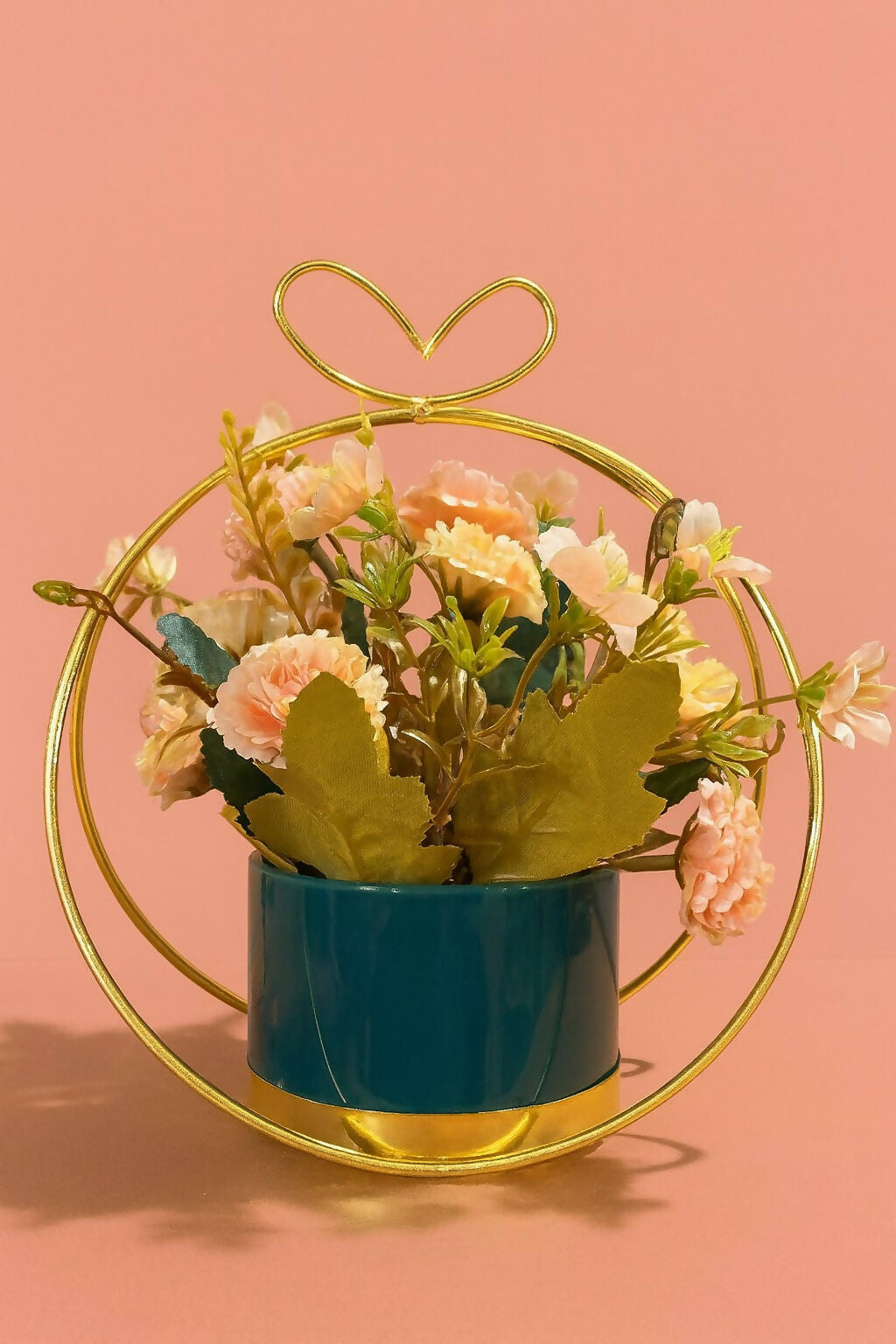 Artificial Flower Pot with Golden Metal Frame & Ceramic Planter | Decorative Faux Rose & Leaf Arrangement for Home, Office, Bedroom & Living Room Table Décor | Elegant Gift for Housewarming & Festivals