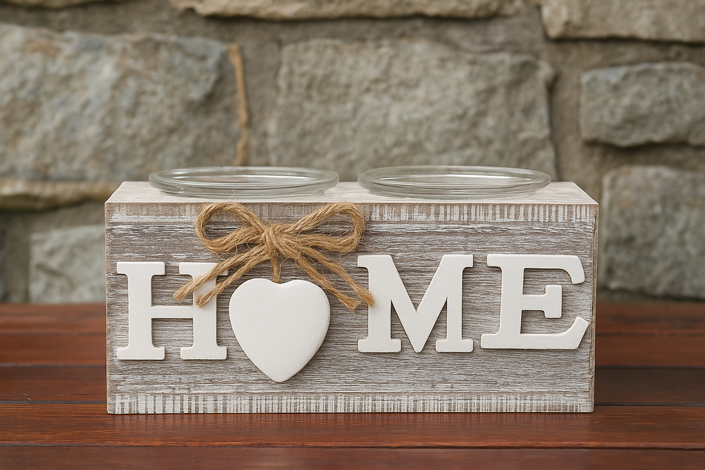 Rustic Wooden 'HOME' Tealight Candle Holder with Glass Cups – Farmhouse Style Decorative Centerpiece with Jute Bow and Heart Accent – Tabletop Decor for Living Room, Entryway, Mantel, or Housewarming Gift 2 candles