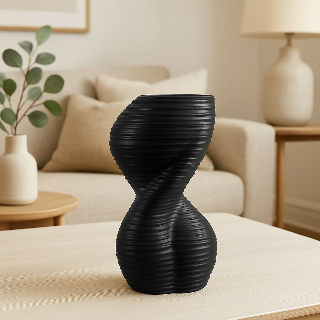 HOME DECOR Modern Black Twisted Ceramic Vase for Home Decor – Matte Finish Spiral Design Flower Pot for Living Room, Office, Center Table, or Minimalist Interior Styling