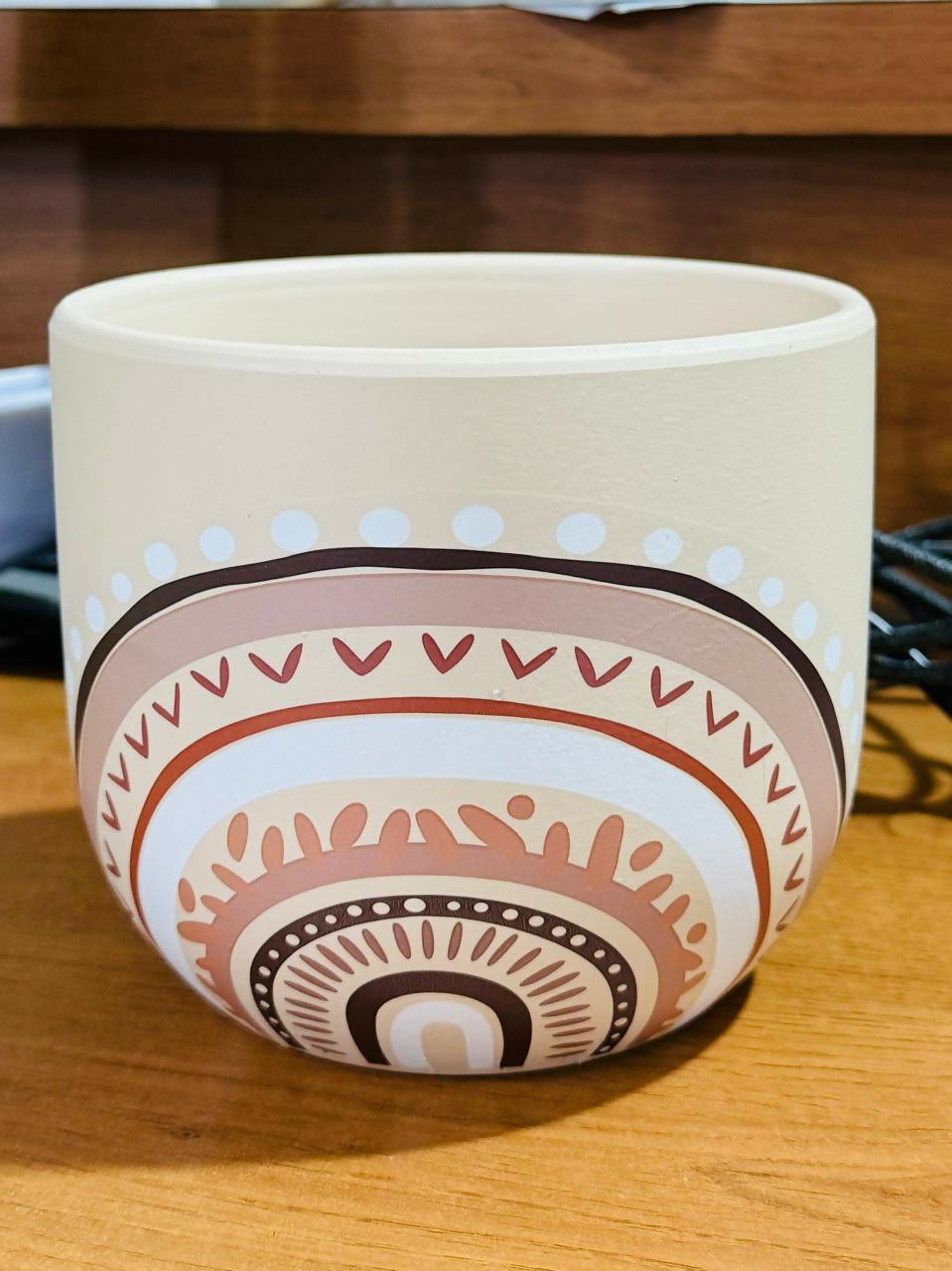 Boho Mandala Ceramic Planter Pot with Multicolor Tribal Print – Decorative Indoor Plant Pot for Succulents, Herbs, or Tabletop Decor – Round Pot with Cream Finish