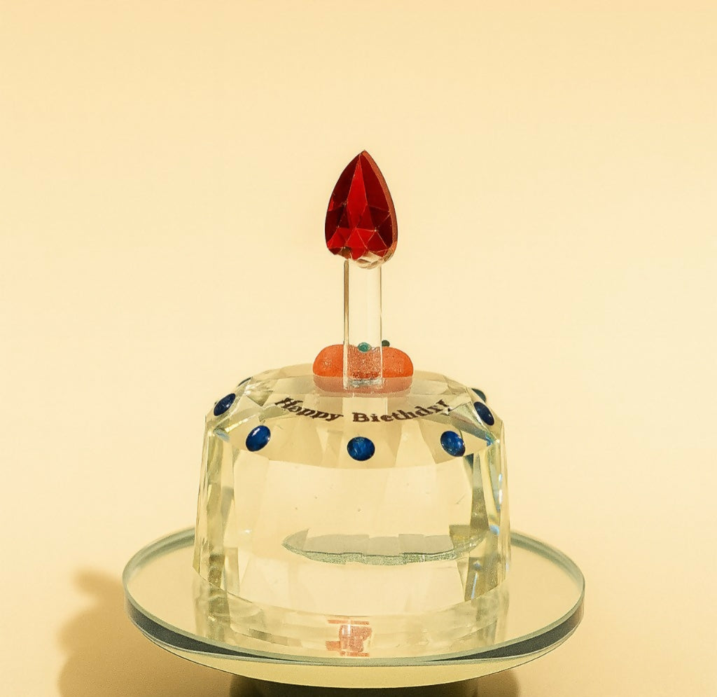 Crystal Happy Birthday Cake Showpiece with Red Flame and Gem Accents – Decorative Gift Item for Birthdays, Tabletop Decor & Keepsake