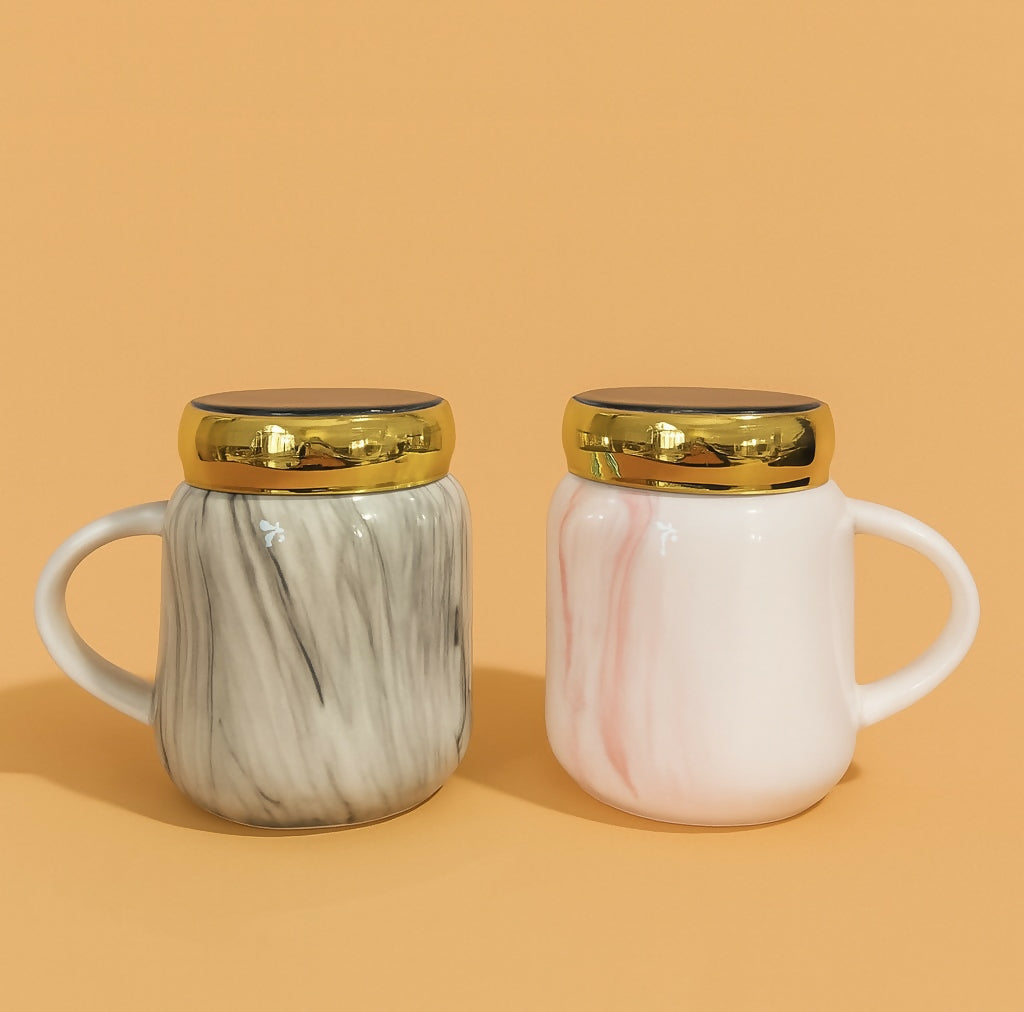 Marble Finish Mr and Mrs Ceramic Mug Set with Golden Lids – Grey & Pink Couple Coffee Mugs in Gift Box – Premium Tea Cups for Anniversary, Engagement, Valentine’s Day – Ceramic Tableware Set