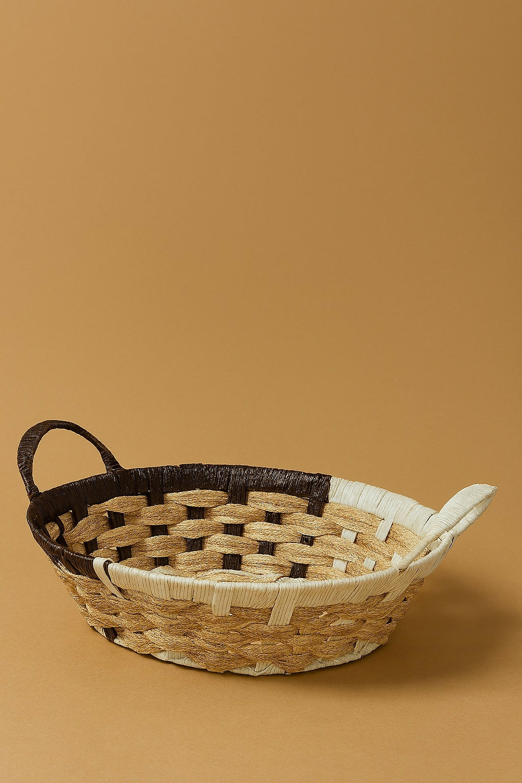 Handmade Multi-Tone Woven Storage Basket with Handles – Natural & Brown Round Organizer Tray for Fruits, Bread, Home Decor & Kitchen Use