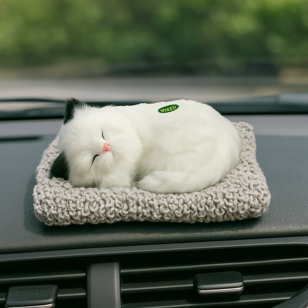 Realistic Sleeping Cat Plush Toy for Car Dashboard – Battery Operated Breathing Kitten Model with Soft Mat – Cute Pet Cat Home Decor for Office, Shelf, or Gifting (Black & White Fur, Decorative)
