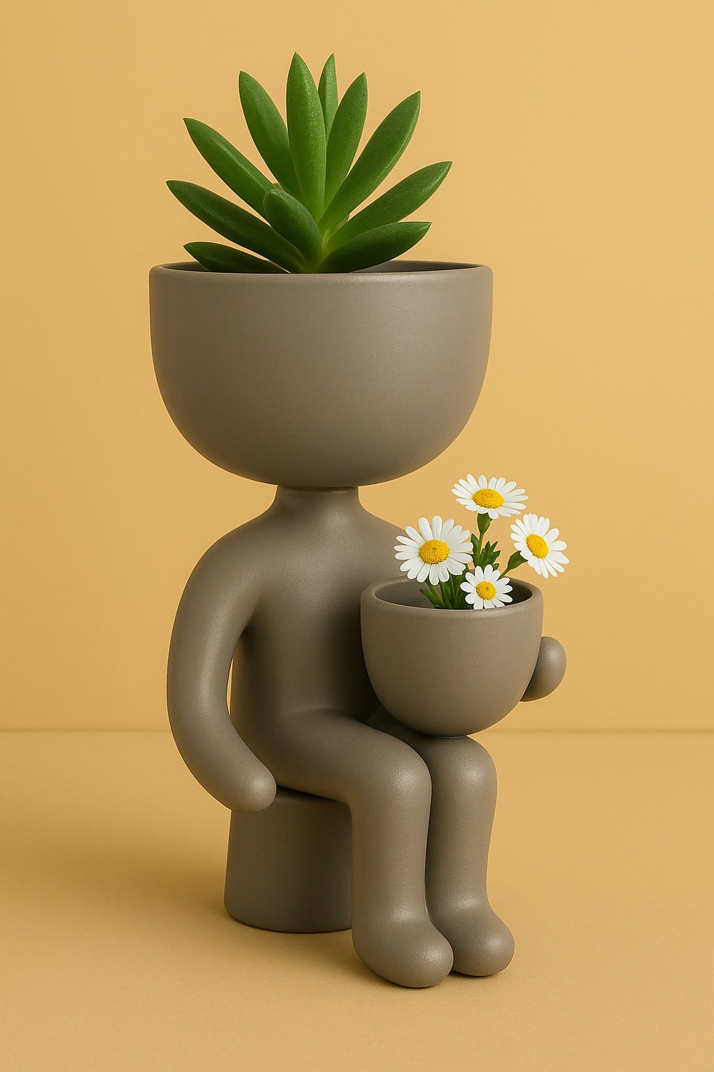 HOME DECOR Creative Human-Shaped Dual Planter Pot – Sitting Figurine Flower Pot for Tabletop Decor, Home, Office, Desk, Balcony – Cute Resin Planter for Succulents, Cactus & Faux Plants (Head & Lap Pots)