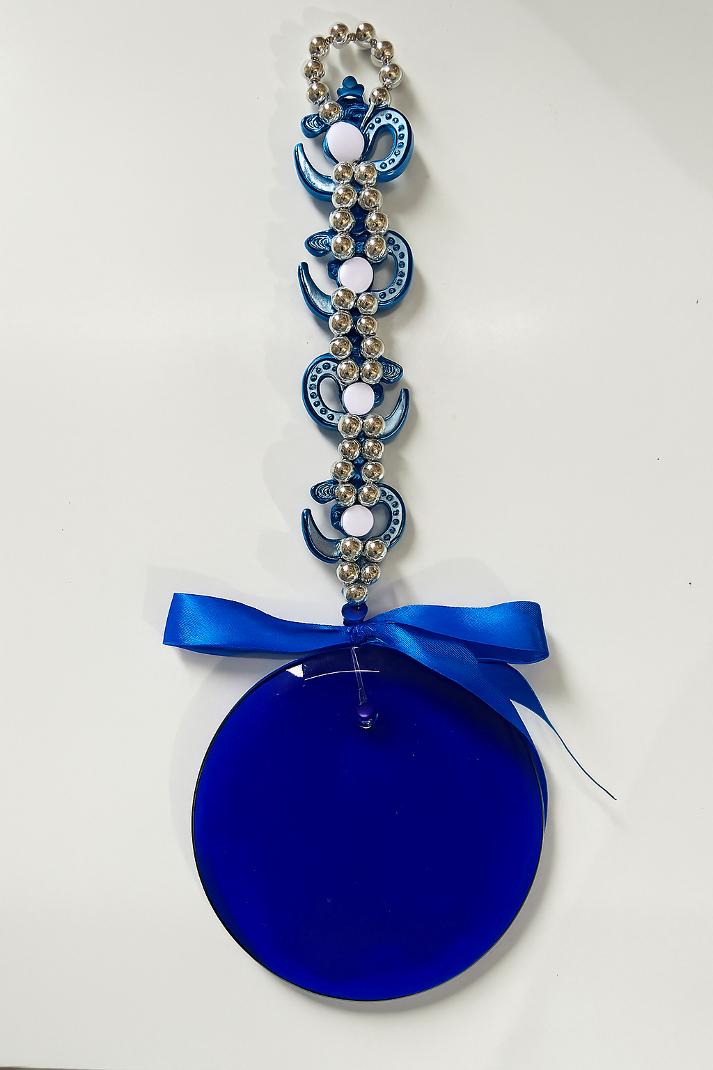 Evil Eye Wall Hanging with Blue Om Charms and Ribbon – Nazar Battu Decorative Amulet for Positive Energy, Protection & Spiritual Vibes – Home/Office Door Hanging Gift for Housewarming or Festive Décor