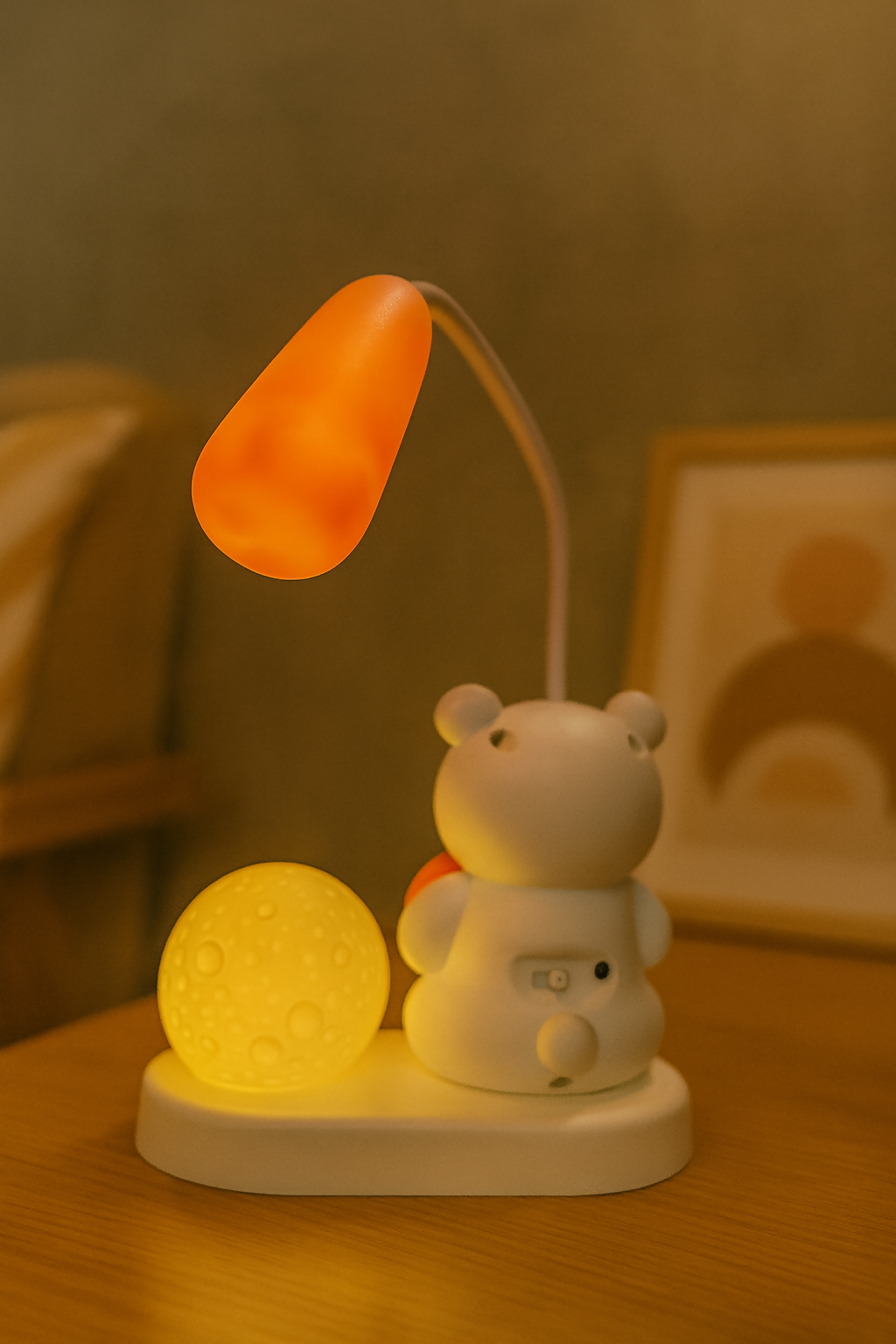 Adorable Bear Night Lamp with Heart & Moon Light – LED Desk Lamp, 360° Flexible Hose, USB Rechargeable, Colorful Lighting for Kids, Bedroom, Study Table & Home Décor