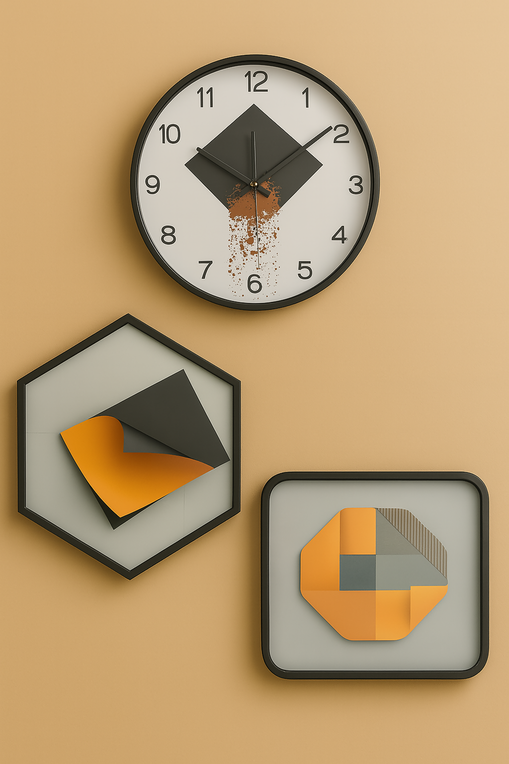 HOME DECOR Modern Geometric Wall Clock and Art Panel Set | 3-Piece Abstract Wall Decor with Silent Round Clock, Hexagon & Square Art in Orange and Black – Minimalist Decorative Set for Living Room, Bedroom, Office