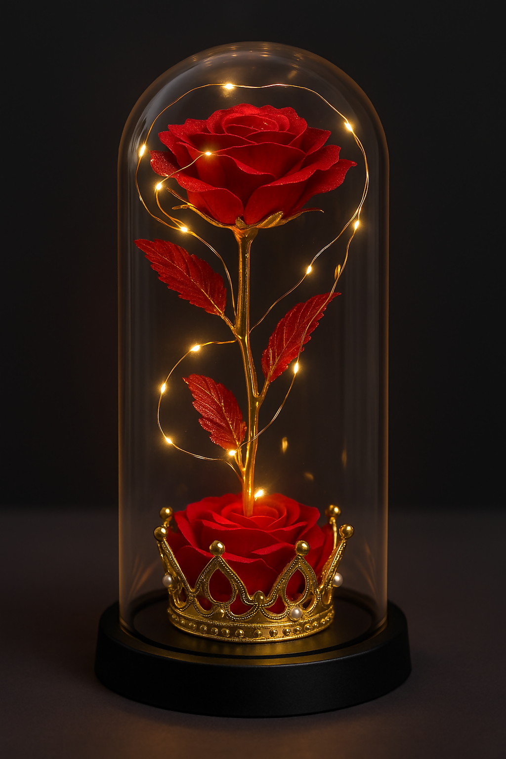 Luxury Enchanted Preserved Red Rose with Golden Crown Base and LED String Lights in Glass Dome – Romantic Gift for Anniversary, Valentine's Day, Birthday, or Home Decor Display