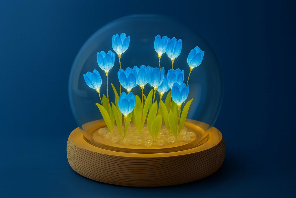 LED Blue Tulip Flower Light Dome with Wooden Base – Night Lamp Glass Globe Terrarium for Bedroom, Living Room, or Gift Decoration – Warm Ambient Light Artificial Floral Arrangement