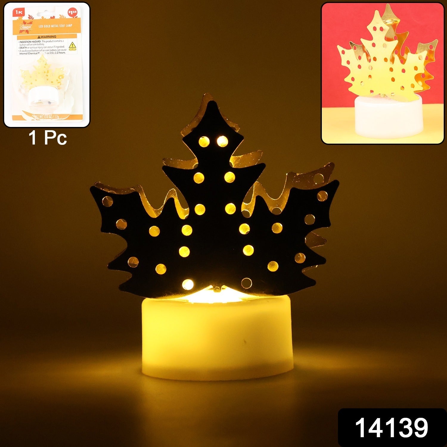 Decorative LED Gold Metal Leaf Diya Lamp, Diwali (1 Pc)