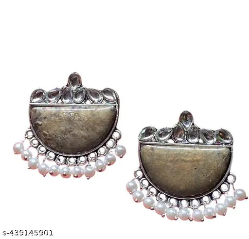 Purple colored Halfmoon shaped Oxidised Earrings with Stone And Pearl Hangings .