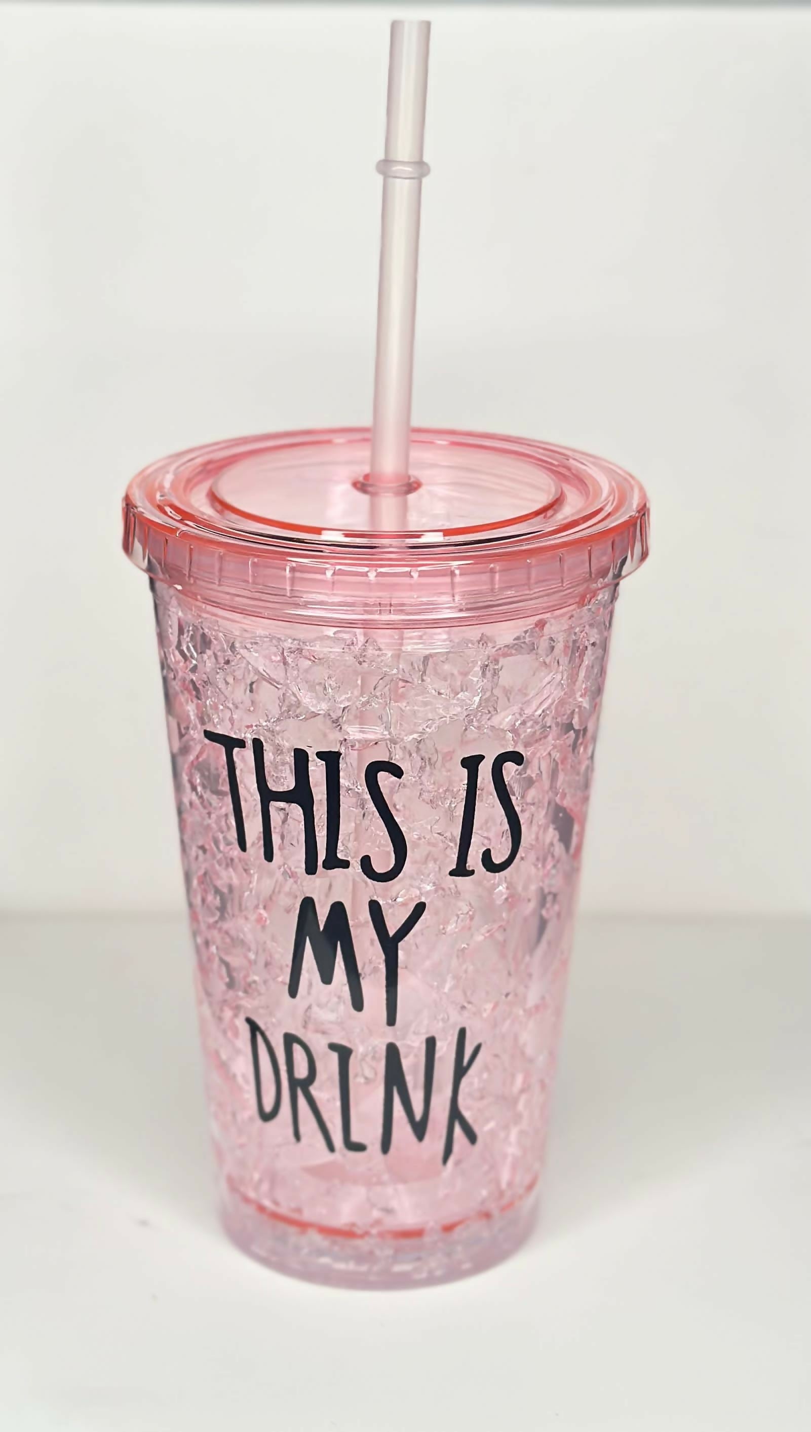 Pink Double-Wall Ice Crystal Tumbler with Straw – 500ml BPA-Free Sipper Cup with “THIS IS MY DRINK” Text – Reusable & Insulated for Cold Beverages, Travel & Office Use