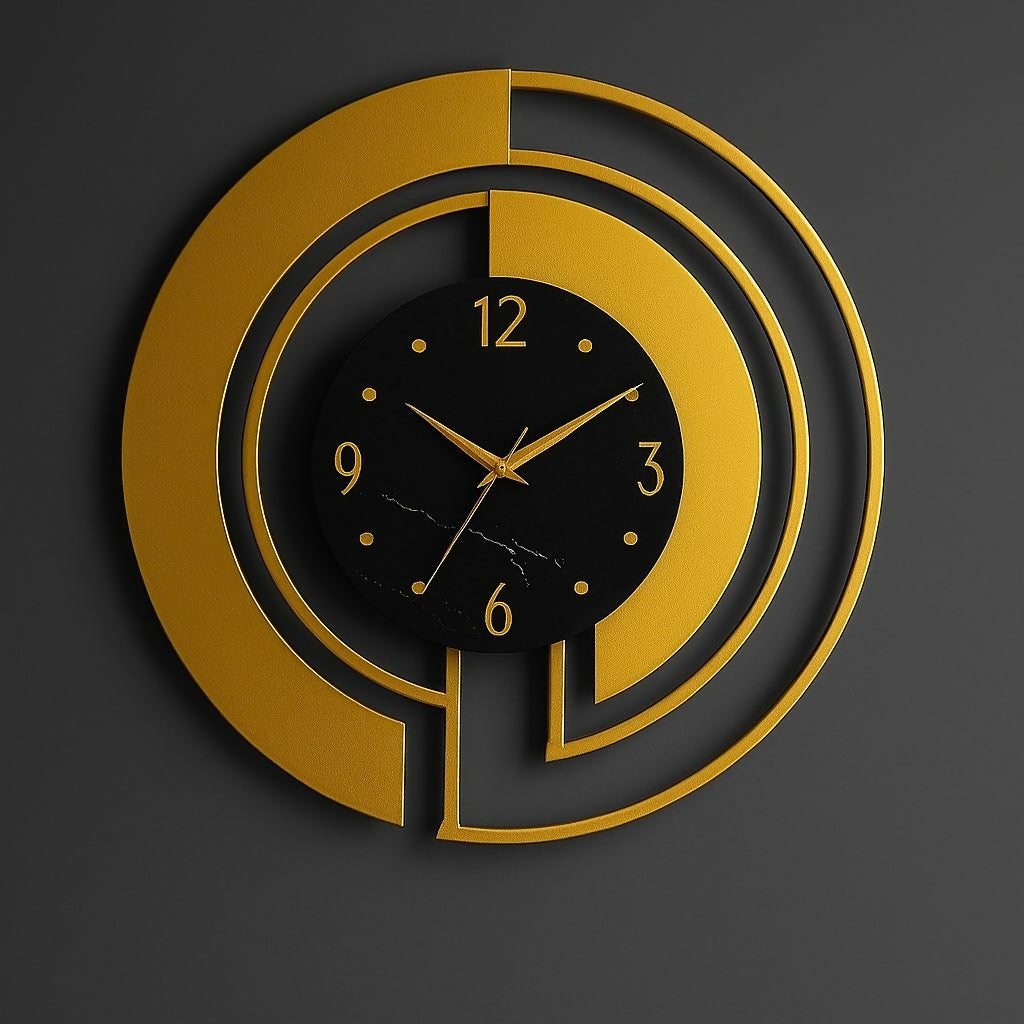 HOME DECOR Luxury Gold & Black Designer Wall Clock – Modern Metal Circular Wall Clock with Abstract Cutout Design – Silent Quartz Decorative Clock for Living Room, Office & Premium Home Decor