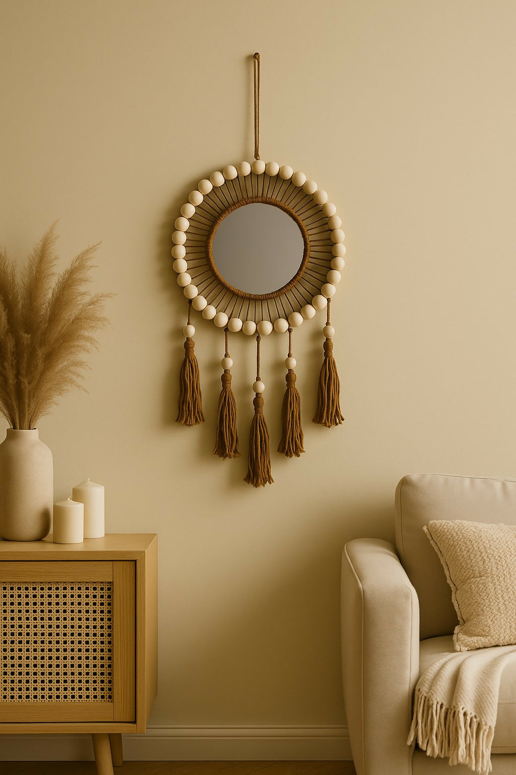 Handcrafted Bohemian Round Wall Mirror with Wooden Beads and Cotton Tassels – Rustic Macrame-Inspired Wall Hanging Mirror for Living Room, Bedroom, Entryway, or Gallery Décor